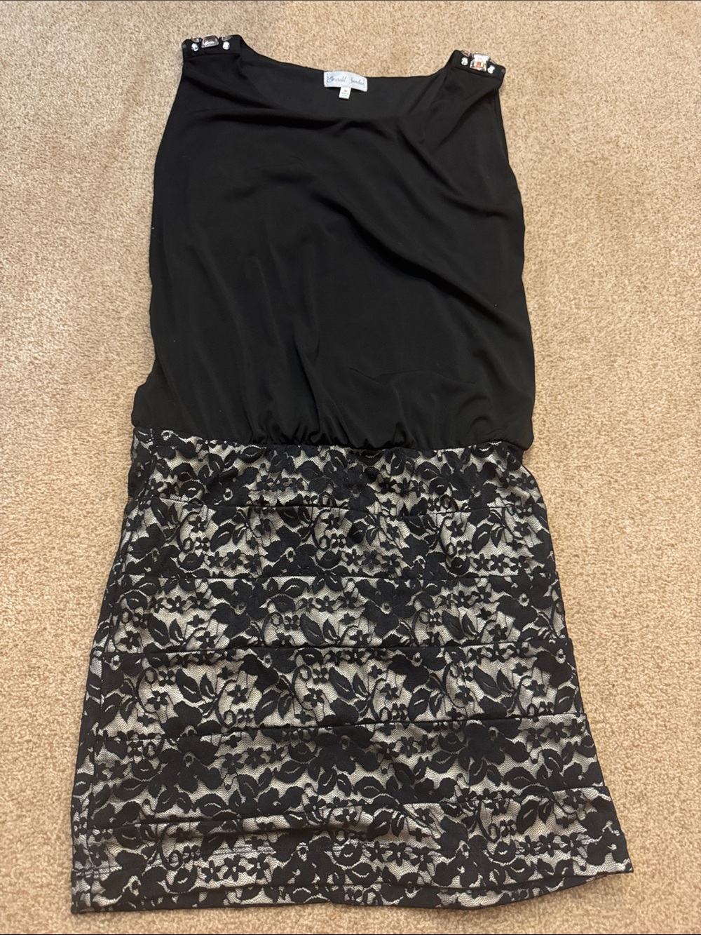 Emerald Sundae Black Lace-Overlay Blouson Skirt Dress